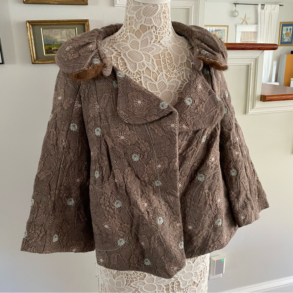 HANII Y Wool Blend Brown Embroidered Jacket Blazer Fur Collar - Picture 2 of 8